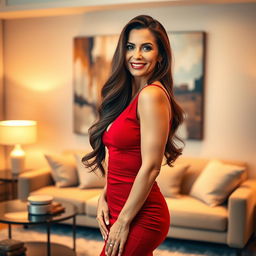 A glamorous and confident mature woman, with long flowing brunette hair, dressed in a stylish, form-fitting red dress