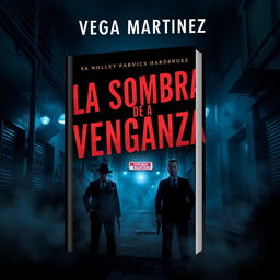 A dark and atmospheric cover design for a novel titled "LA SOMBRA DE LA VENGANZA" by Vega Martinez