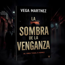 A dark and atmospheric cover design for a novel titled "LA SOMBRA DE LA VENGANZA" by Vega Martinez