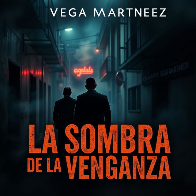 A dark and atmospheric cover design for a novel titled "LA SOMBRA DE LA VENGANZA" by Vega Martinez