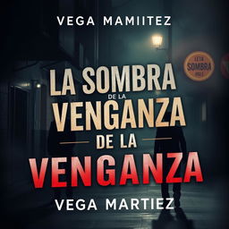 A dark and atmospheric cover design for a novel titled "LA SOMBRA DE LA VENGANZA" by Vega Martinez