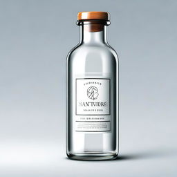 A high-quality digital art illustration of a clear glass medicine bottle with the words 'Santus Sanetorias' embossed on it