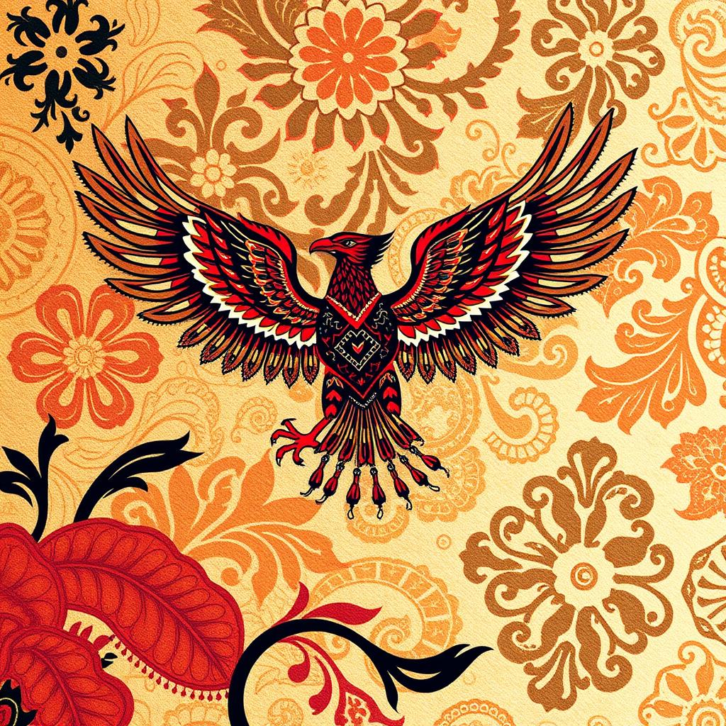 A beautifully intricate design combining traditional Indonesian batik patterns with the majestic silhouette of a Garuda bird, elegantly showcased in vibrant colors