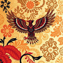 A beautifully intricate design combining traditional Indonesian batik patterns with the majestic silhouette of a Garuda bird, elegantly showcased in vibrant colors