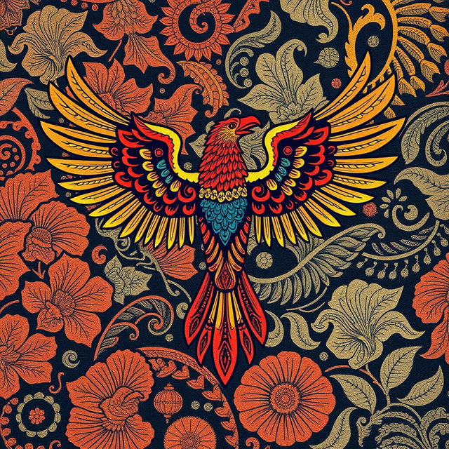 A beautifully intricate design combining traditional Indonesian batik patterns with the majestic silhouette of a Garuda bird, elegantly showcased in vibrant colors