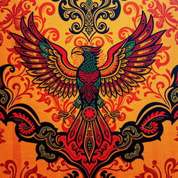 A beautifully intricate design combining traditional Indonesian batik patterns with the majestic silhouette of a Garuda bird, elegantly showcased in vibrant colors