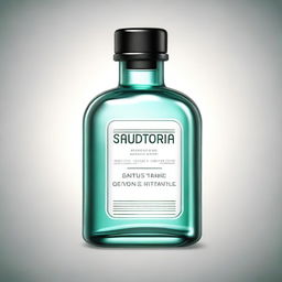 A high-quality digital art illustration of a clear glass medicine bottle with the words 'Santus Sanetorias' embossed on it