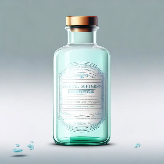 A high-quality digital art illustration of a clear glass medicine bottle with the words 'Santus Sanetorias' embossed on it