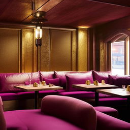 A fancy restaurant design boasting rich magenta sofas, rustic wooden tables, and luxurious golden details, embodying a perfect blend of comfort and opulence.