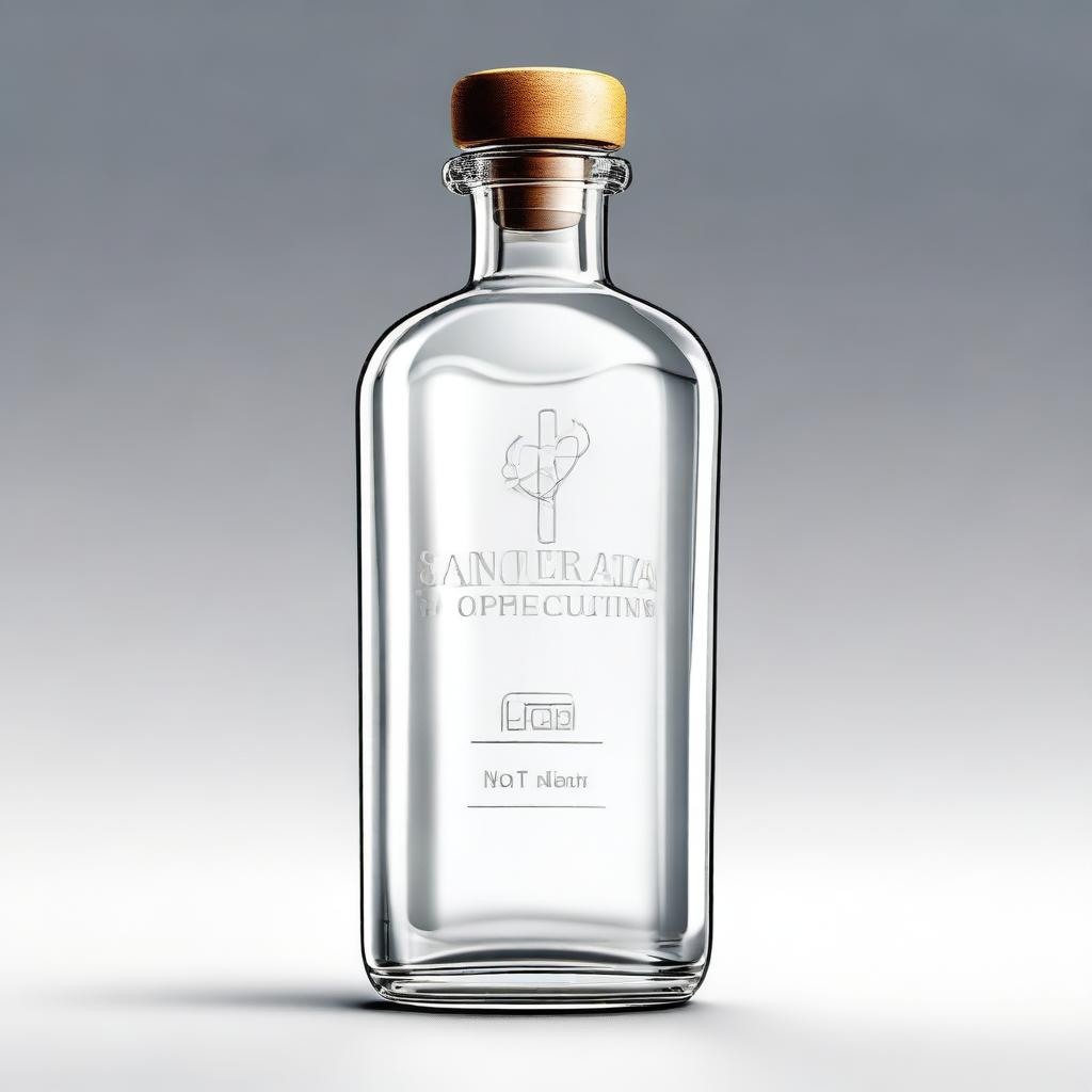 A detailed digital art illustration of a clear glass medicine bottle with the word 'Sanetorias' embossed on it