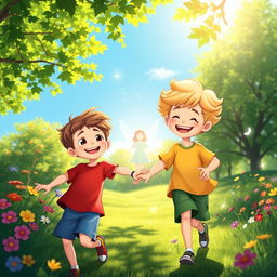 A whimsical, fantastical scene featuring two 9-year-old boys, Ben and Charlie, joyfully playing together in a lush green park under a bright blue sky