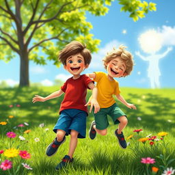 A whimsical, fantastical scene featuring two 9-year-old boys, Ben and Charlie, joyfully playing together in a lush green park under a bright blue sky