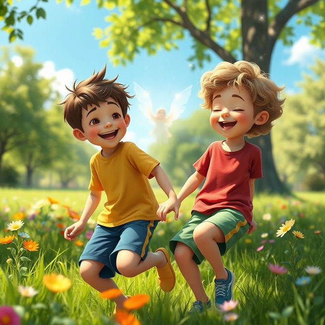 A whimsical, fantastical scene featuring two 9-year-old boys, Ben and Charlie, joyfully playing together in a lush green park under a bright blue sky