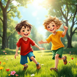 A whimsical, fantastical scene featuring two 9-year-old boys, Ben and Charlie, joyfully playing together in a lush green park under a bright blue sky