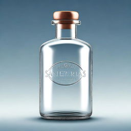 A detailed digital art illustration of a clear glass medicine bottle with the word 'Sanetorias' embossed on it