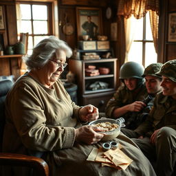 A compassionate elderly woman, showing kindness and strength, helps wounded soldiers in her quaint home
