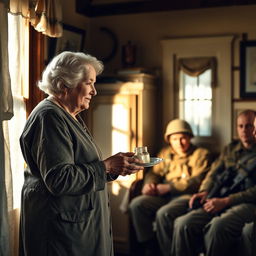 A compassionate elderly woman, showing kindness and strength, helps wounded soldiers in her quaint home