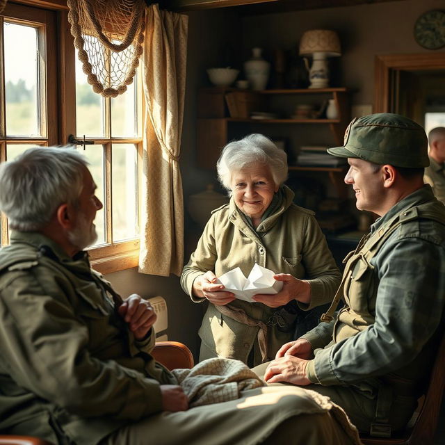 A compassionate elderly woman, showing kindness and strength, helps wounded soldiers in her quaint home