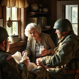 A compassionate elderly woman, showing kindness and strength, helps wounded soldiers in her quaint home