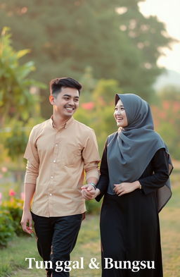 A young man holding hands with a woman wearing a hijab, both smiling and enjoying each other's company in a beautiful outdoor setting during the golden hour
