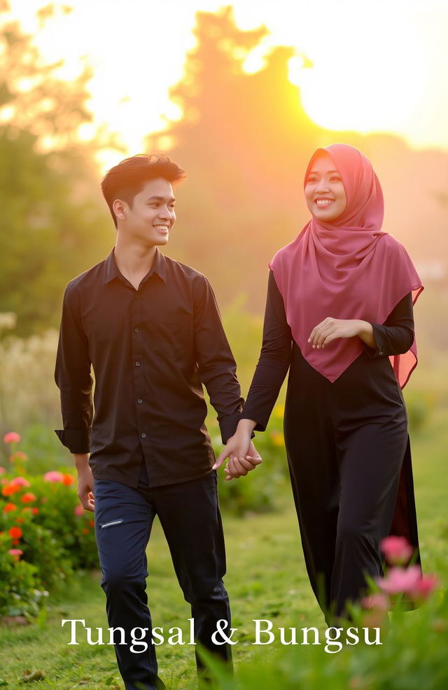 A young man holding hands with a woman wearing a hijab, both smiling and enjoying each other's company in a beautiful outdoor setting during the golden hour