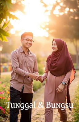 A young man holding hands with a woman wearing a hijab, both smiling and enjoying each other's company in a beautiful outdoor setting during the golden hour