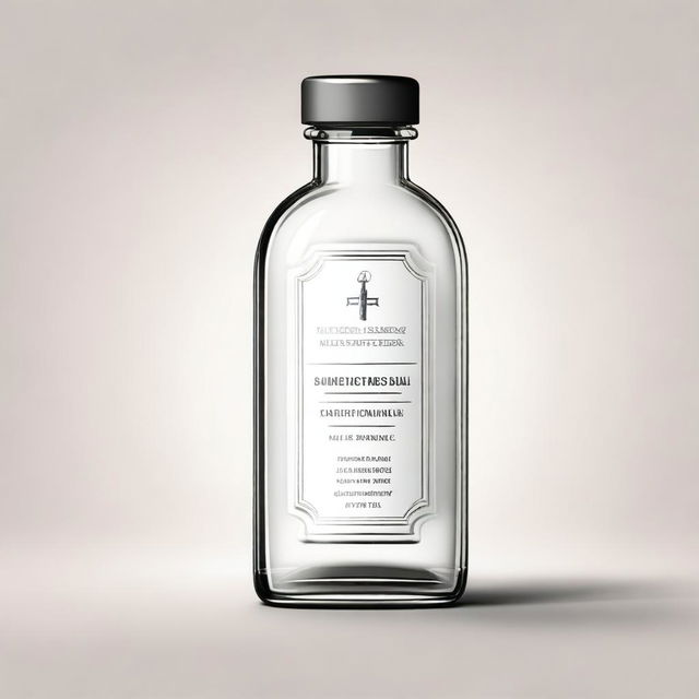 A detailed digital art illustration of a clear glass medicine bottle with the word 'Sanetorias' embossed on it