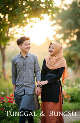 A young man holding hands with a woman wearing a hijab, both smiling and enjoying each other's company in a beautiful outdoor setting during the golden hour