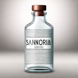 A detailed digital art illustration of a clear glass medicine bottle with the word 'Sanetorias' embossed on it