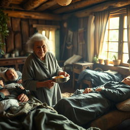 An elderly woman, not too old, with a gentle face and warm smile, tending to wounded soldiers in her cozy home