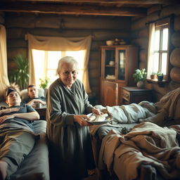 An elderly woman, not too old, with a gentle face and warm smile, tending to wounded soldiers in her cozy home
