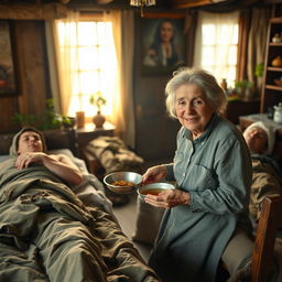 An elderly woman, not too old, with a gentle face and warm smile, tending to wounded soldiers in her cozy home