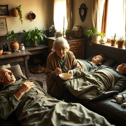 An elderly woman, not too old, with a gentle face and warm smile, tending to wounded soldiers in her cozy home