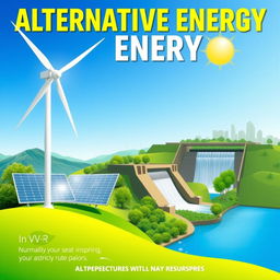 A visually stunning poster showcasing alternative energy sources, featuring a vibrant landscape