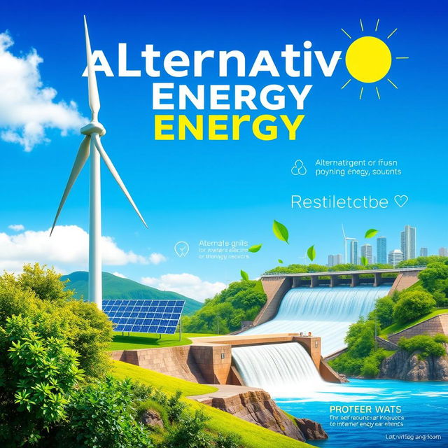 A visually stunning poster showcasing alternative energy sources, featuring a vibrant landscape