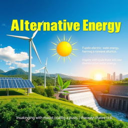 A visually stunning poster showcasing alternative energy sources, featuring a vibrant landscape
