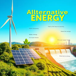 A visually stunning poster showcasing alternative energy sources, featuring a vibrant landscape