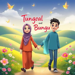 An animated scene featuring a young man holding hands with a woman wearing a hijab, both depicted in a colorful, vibrant style