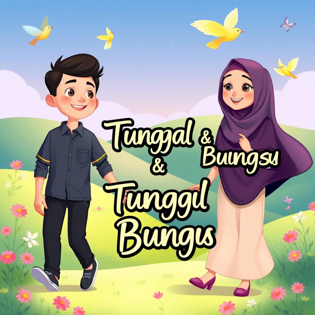 An animated scene featuring a young man holding hands with a woman wearing a hijab, both depicted in a colorful, vibrant style