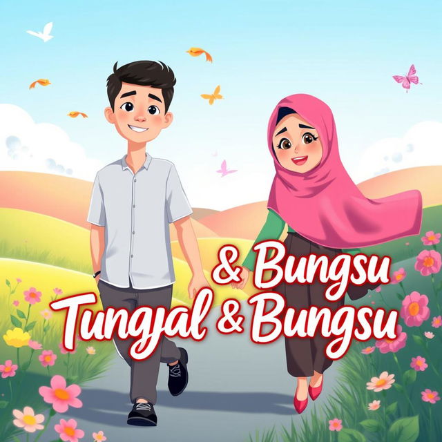 An animated scene featuring a young man holding hands with a woman wearing a hijab, both depicted in a colorful, vibrant style