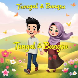 An animated scene featuring a young man holding hands with a woman wearing a hijab, both depicted in a colorful, vibrant style