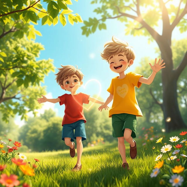 A whimsical, fantastical scene featuring two 9-year-old boys, Ben and Charlie, joyfully playing together in a lush green park under a bright blue sky