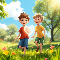 A whimsical, fantastical scene featuring two 9-year-old boys, Ben and Charlie, joyfully playing together in a lush green park under a bright blue sky