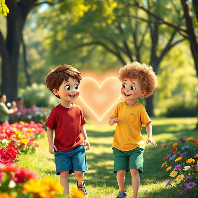 A heartwarming scene featuring two 9-year-old boys, Ben and Charlie, happily playing in a vibrant park on a sunny day