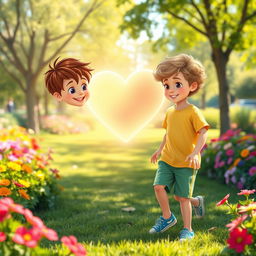 A heartwarming scene featuring two 9-year-old boys, Ben and Charlie, happily playing in a vibrant park on a sunny day