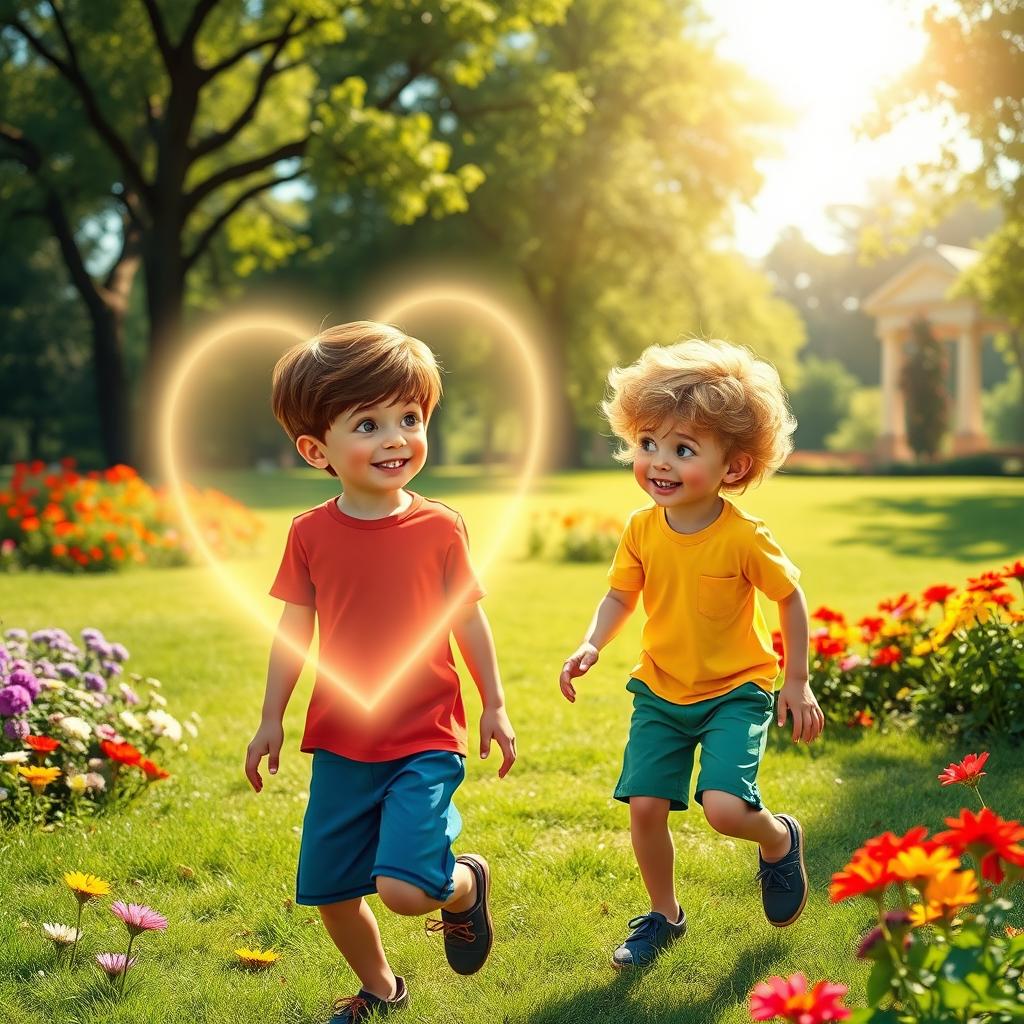 A heartwarming scene featuring two 9-year-old boys, Ben and Charlie, happily playing in a vibrant park on a sunny day