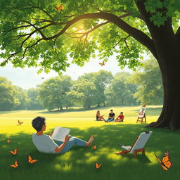 A serene and peaceful scene depicting a tranquil life without phones, featuring a person relaxing in a lush green park, reading a book under a large tree with sunlight filtering through the leaves