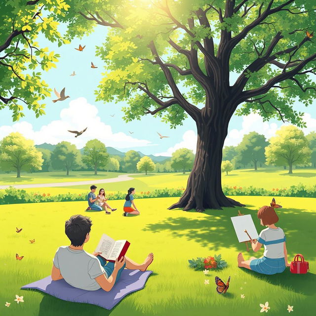 A serene and peaceful scene depicting a tranquil life without phones, featuring a person relaxing in a lush green park, reading a book under a large tree with sunlight filtering through the leaves