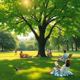 A serene and peaceful scene depicting a tranquil life without phones, featuring a person relaxing in a lush green park, reading a book under a large tree with sunlight filtering through the leaves