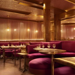 A fancy restaurant design boasting rich magenta sofas, rustic wooden tables, and luxurious golden details, embodying a perfect blend of comfort and opulence.